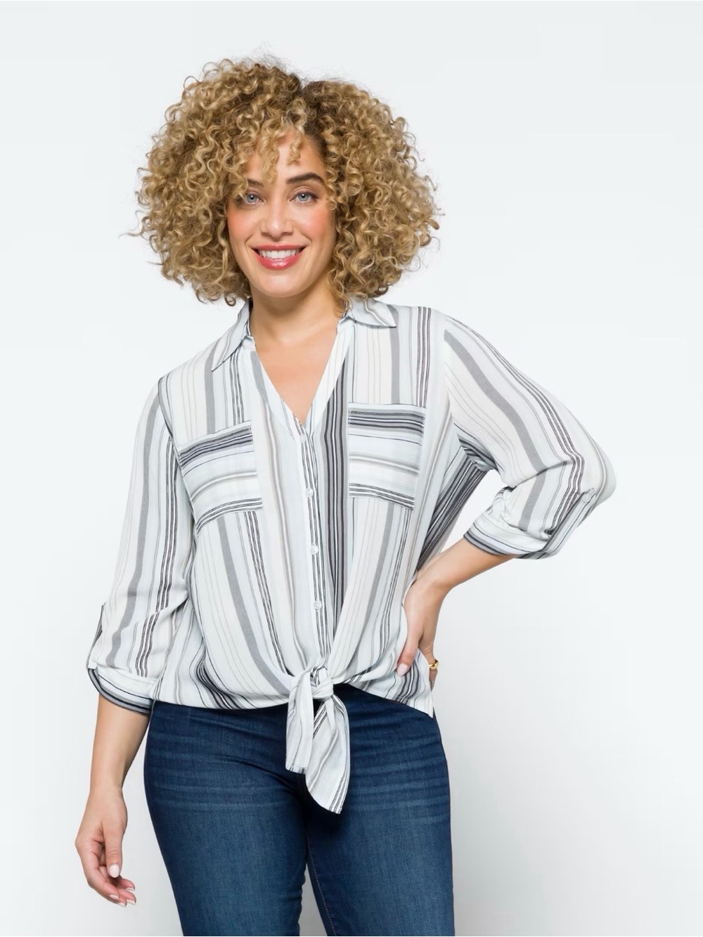 Fortune + Ivy Striped Tie-Front Button-Up Blouse - Blue/White/Gray